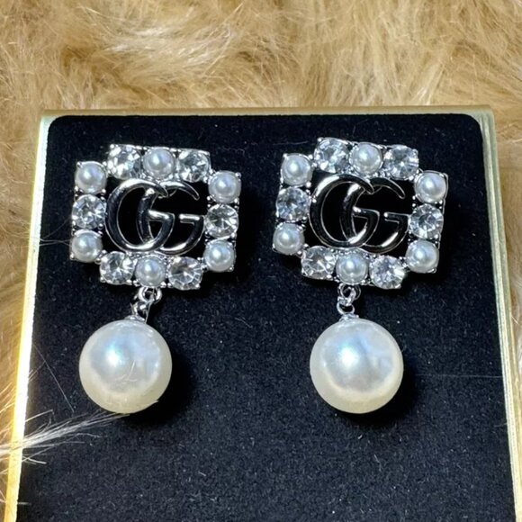 Gucci Earrings Crystal Polished Silver Tone Crystal Faux Pearl Finish